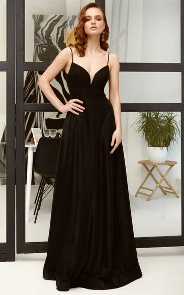Modern A Line Sleeveless Satin Spaghetti Low-V Back Floor-length Formal Dress