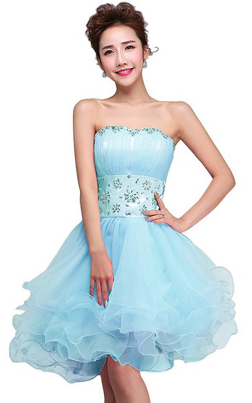 Strapless Short Dress With Ruffles and Beadings