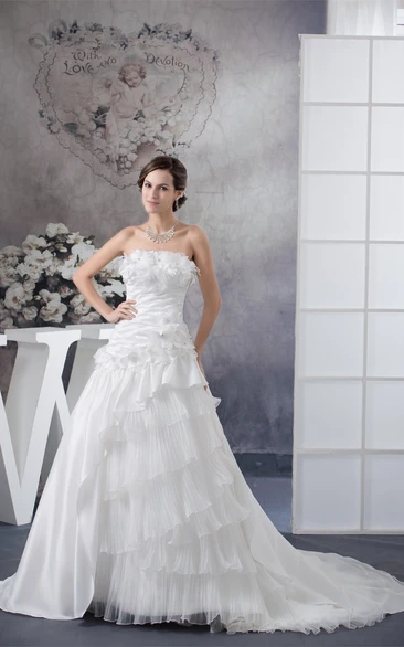 Strapless Ruffled A-Line Dress with Tiers and Flower