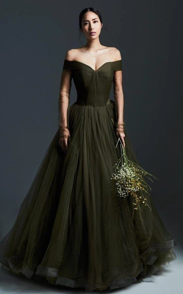 Ethereal A Line Floor-length Long Sleeve Tulle Off-the-shoulder Formal Dress with Ruching