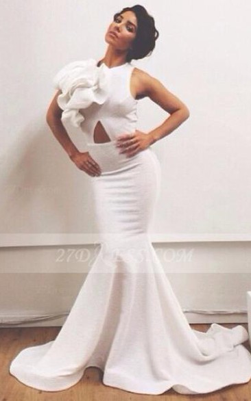 Train Sexy Prom Dresses With White Jewel Sleeveless Flower Mermaid Satin Sweep Evening Gowns