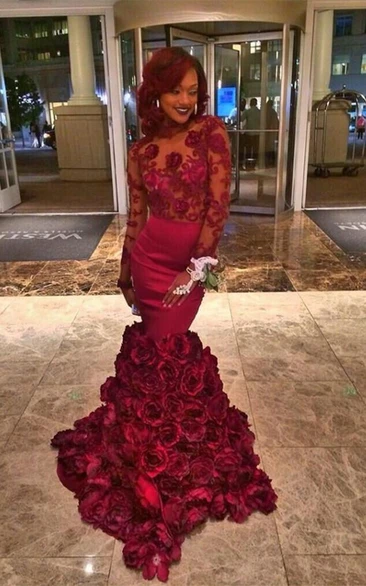 Long Sleeves Lace Prom Dress Flowers Mermaid Floor Length