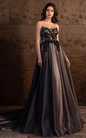 Ethereal A-Line Spaghetti Sleeveless Tulle Evening Dress