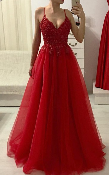Modern A Line Tulle Spaghetti V-neck Sleeveless Prom Dress with Appliques
