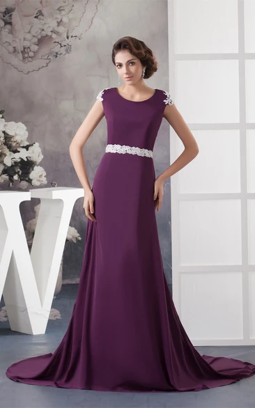 Caped-Sleeve Chiffon Long Dress with Appliqued Back Design