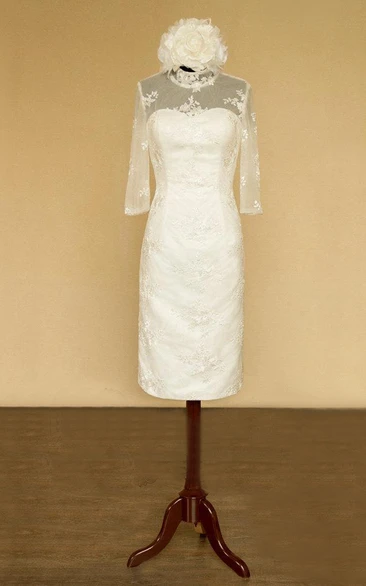 High-Neck Half Sleeve Sheath Satin Wedding Dress With Flower
