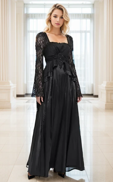 Sheath Simple Floor-length Black Garden Wedding Dress with Illusion Long Sleeve