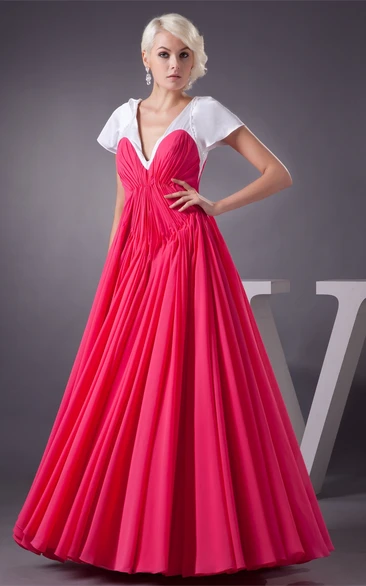 Plunged Short-Sleeve A-Line Gown with Pleats