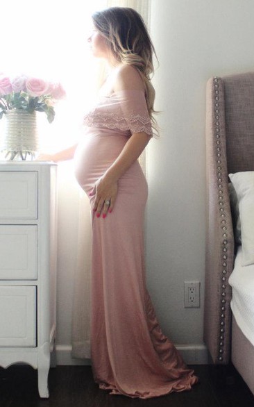 Maternity Gown Fitted Off The Shoulder Dusty Pink Lace Wrap Dress