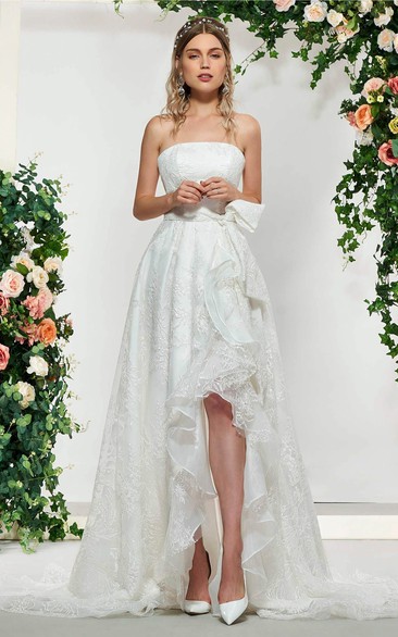 Lace Adorable Sleeveless High-low Wedding Dress With Sash And Bow