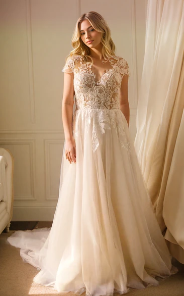 A-Line Plus Size Adorable Tulle Lace Applique Sweep Train Wedding Dress