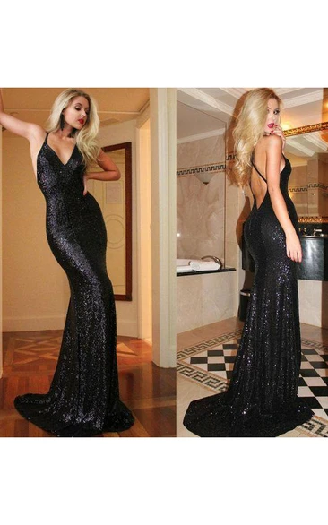 Black Sequin Mermaid Sparkly Sexy Backless Party Dress