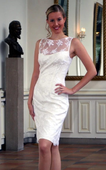 Bateau Neck Sleeveless Satin and Lace Sheath Wedding Dress