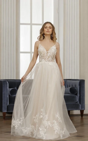 Deep V-neck Sleeveless A-Line Lace Sexy Wedding Dress with Deep-V Back Brush Train 