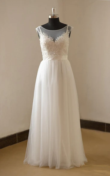 A-Line Tulle Lace Satin Weddig Dress With Beading