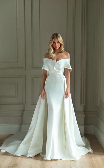 Simple Modest Detachable Train Satin Mermaid Off-the-Shoulder Long Wedding Dress Sexy Backless Sleeveless Bridal Gown