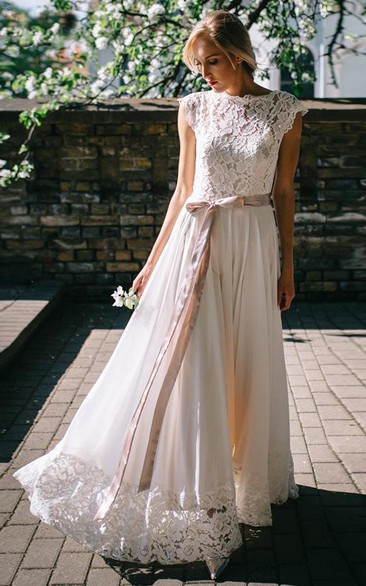A Line Bateau Chiffon and Lace Floor-length Short Sleeve Wedding Dress with Ribbon