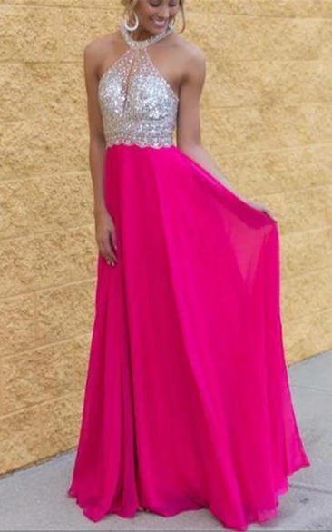 Modern Chiffon Halter Sequins Fuchsia Prom Dress Sleeveless Floor-length
