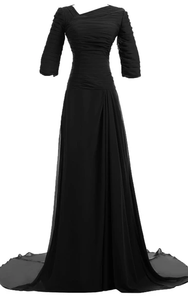Modest Chiffon Long Sleeve Gown With Ruched Bodice