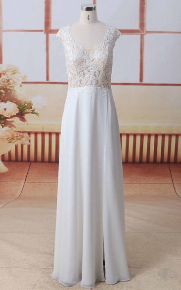 Cap Sleeve Scoop Neck Front Split Lace Chiffon A-line Wedding Dress With Illusion Button Back
