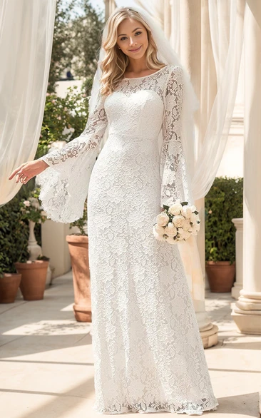 Modern Beach Column Boho Lace Long Sleeve Wedding Dress Floral Modest Petite Boat Neck Maxi Floor Bridal Gown No Train