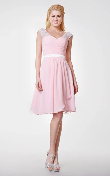 Lace Cap-sleeved A-line Knee Length Chiffon Dress