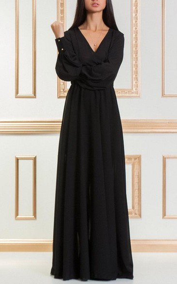 Floor-length V-neck Long Sleeve Chiffon Dress