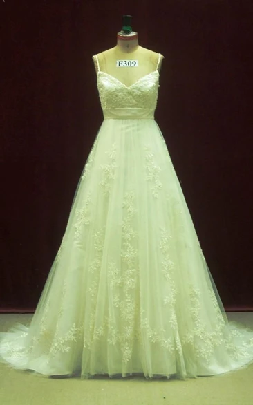 Spaghetti Empire Long Tulle Wedding Dress With Sash And Flower