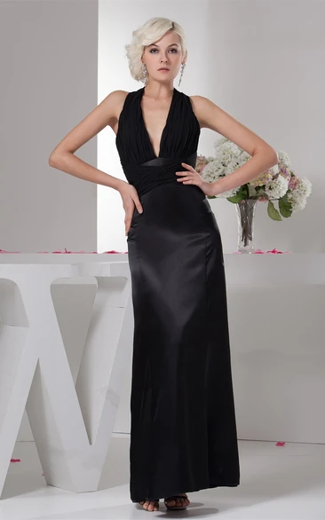 Plunged Satin Ankle-Length Dress with Ruching and Halter