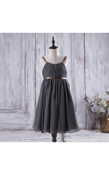 Charcoal Gray Spaghetti Strap a Line Knee Length Chiffon Flower Girl Dress