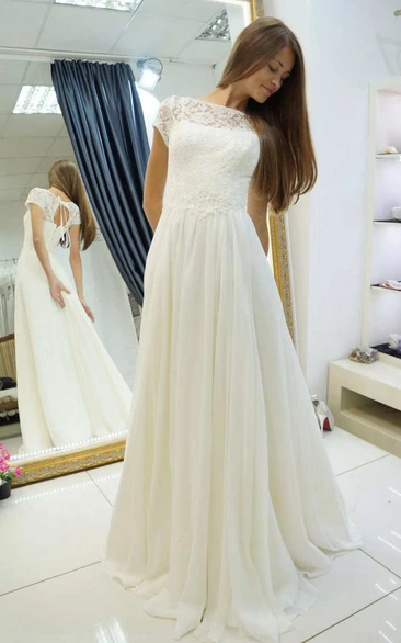 Bateau Short Sleeve A-Line Chiffon Wedding Dress With Lace Top And Corset Back