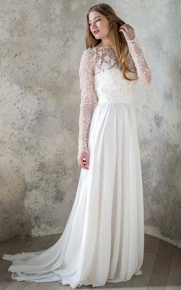 Long Sleeve Chiffon Satin Lace Lace-Up Corset Back Wedding Dress - June ...