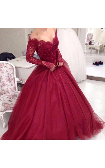 Off Shoulder Long Sleeve Lace A line Long Evening Prom Dress