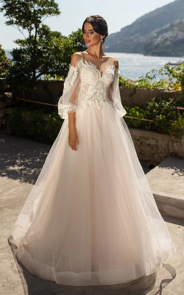 Elegant A Line Lace Sweetheart Wedding Dress With Poet Half Sleeve And Button Back