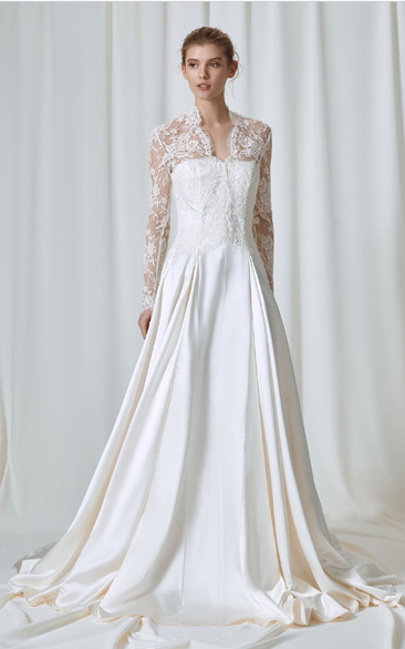 Modest A Line Ball Gown Satin High Neck Wedding Dress With Long Sleeve And Illusion Back