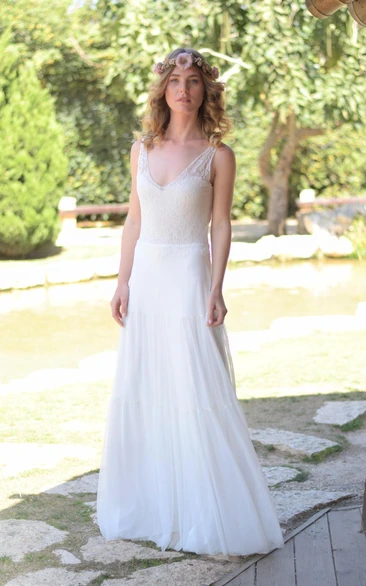 Plunged Sleeveless Chiffon Wedding Dress With Lace And Deep-V Back