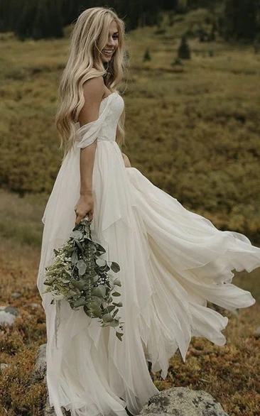Country Boho Sweetheart Off-the-shoulder Ethereal Chiffon Floor Length Bridal Gown