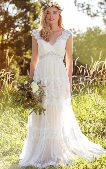 Elegant Boho Country Beach V-Neck Long Cap-Sleeve Appliqued Lace&Chiffon Wedding Dress with Sweep Train