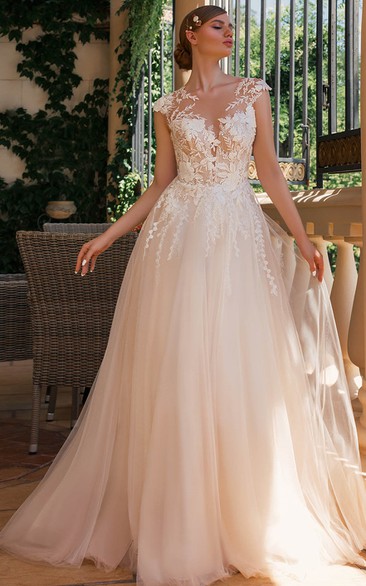 Beautiful A Line Bateau Neck Tulle Sweep Train Wedding Dress with Appliques