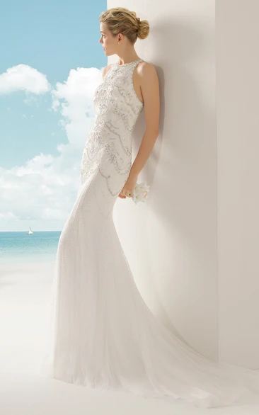 Jewel Neck Beaded Court Train Dress With Exquisite Illusion Back Design