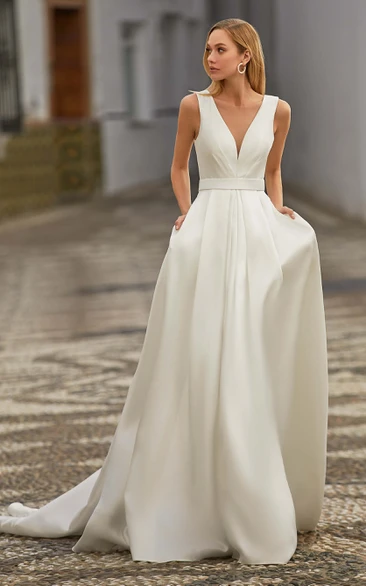 Modern V-neck A Line Satin Court Train Wedding Dress with Pockets