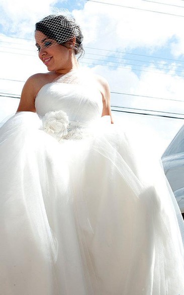 One Shoulder Empire Organza Wedding Dress With Flowers Bow And Crystal Detailing