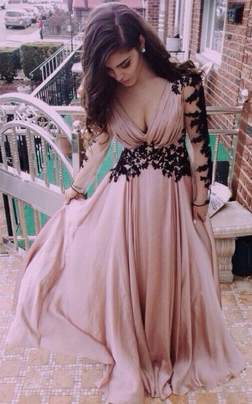 V-neck Long Sleeve Lace Prom Dresses Evening Dresses