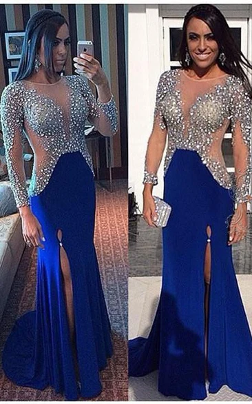 Glamorous Long Sleeve Royal Blue Prom Dresses Crystals With Slit