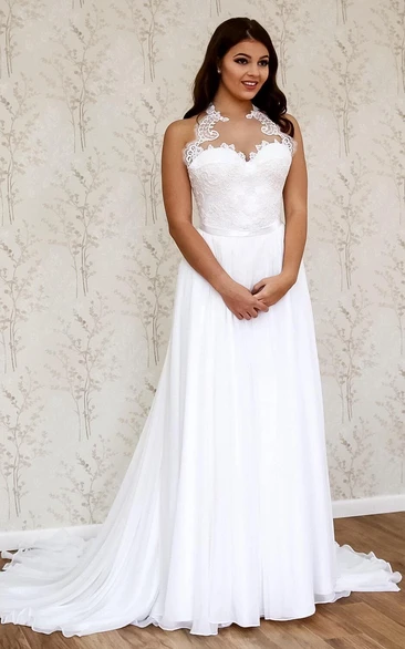 Unique Halter Long A-Line Chiffon Wedding Dress With Lace Appliques