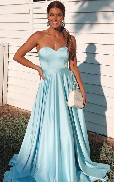 Casual A Line Satin Strapless Sweetheart Sleeveless Evening Dress with Ruffles