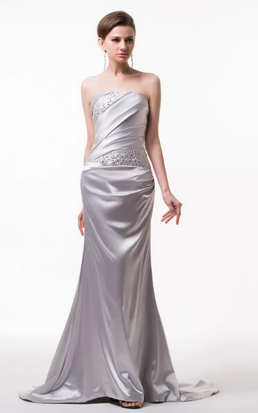 Strapless Satin Gown With Asymmetrical Ruching and Beading
