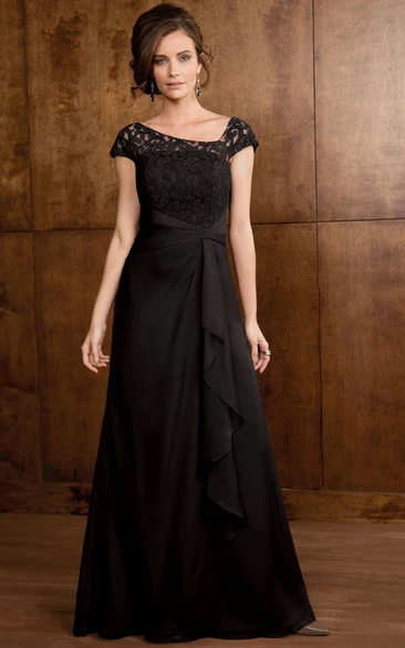 Elegant Formal Ruffled A-Line Gown with Lace Bodice Cap-Sleeve MOB Dress