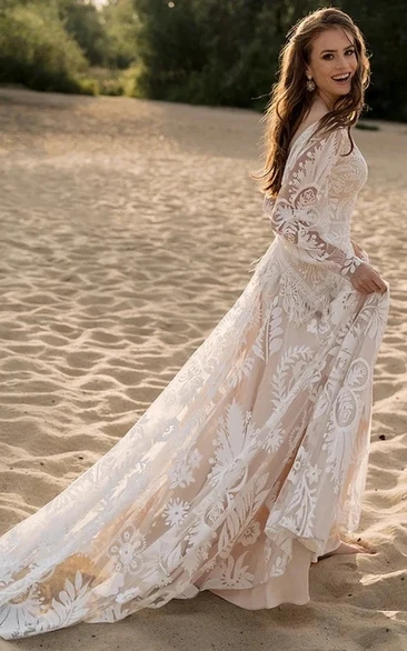Long Sleeve Lace Bridal Dress Full Body Applique Boho Warm Wedding Gown with Fringe