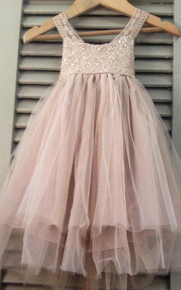 Sleeveless Scoop Neck Pleated Tulle&Lace Dress With Strapped Back